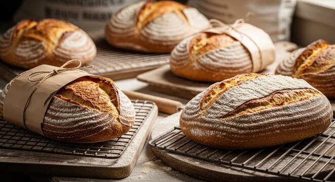 Artisan sourdough loaves freshly baked and ready for market, wrapped with twine, perfect for bakery advertising or healthy food blog content - Powered by Adobe
