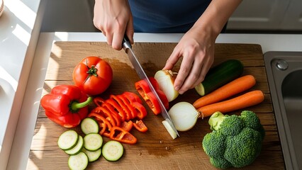 Person cutting vegetables on a wooden board for a healthy meal.