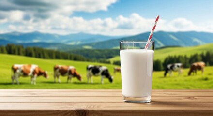 A glass of milk with a straw on a wooden table with a scenic background of cows and mountains.