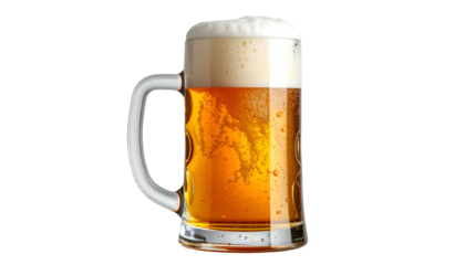 Golden beer mug overflows with foamy head, drink isolated black