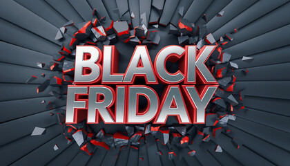 Dynamic red and silver 3d "black friday" text surrounded by shattered fragments creating an explosive sale concept