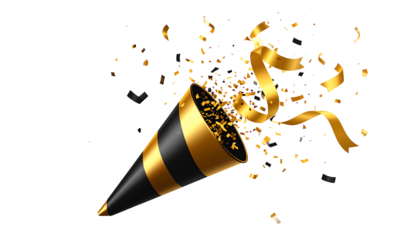 A black and gold party popper explodes with confetti and ribbons against a white background, celebrating a special occasion.