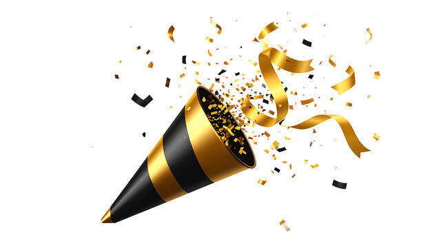 A black and gold party popper explodes with confetti and ribbons against a white background, celebrating a special occasion. - Powered by Adobe