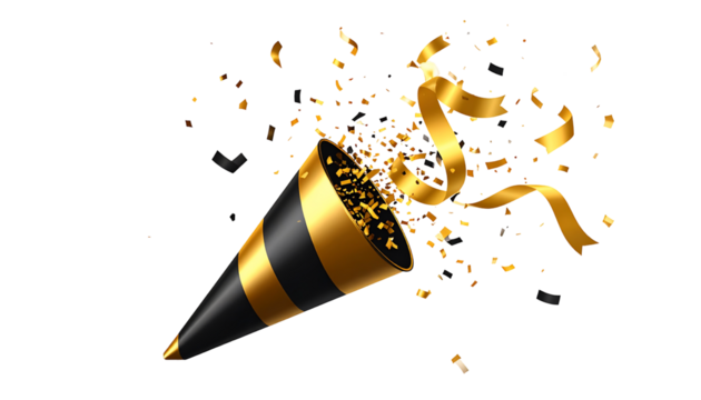 A black and gold party popper explodes with confetti and ribbons against a white background, celebrating a special occasion.