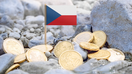 Czechia Flag and euro coins on the riverbank,foreign investment,currency exchange,and international finance connected to Czech and the European economy.