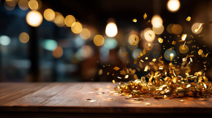 Golden confetti rain on festive stage faceless celebration scene defocused light beam background empty room night award ceremony jubilee New Year's party product presentation