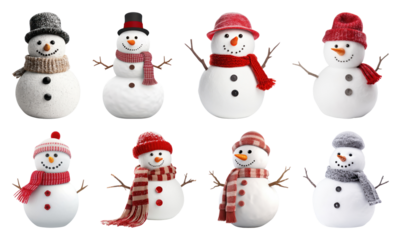 PNG Cheerful snowmen with colorful scarves, element set on transparent background