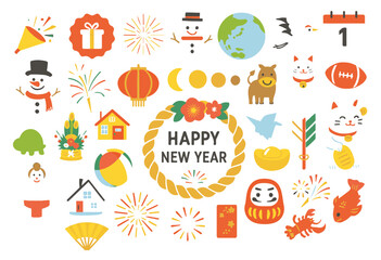 Happy New Year and Japanese New Year Elements Vector Set: Festive Holiday Celebration Icons Collection
