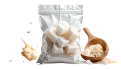 Cubed sweets in bag, scattered crumbs and scoop on dark background