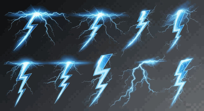 Dynamic collection of realistic blue lightning bolt effects on transparent backdrop