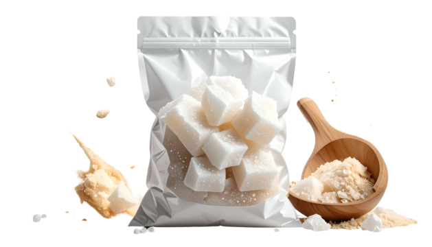 Cubed sweets in bag, scattered crumbs and scoop on dark background