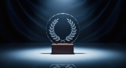Crystal Award Elegant achievement with glass wreath, and wooden base on stage.