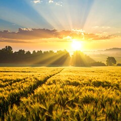 Golden Wheat Field at Sunrise - A Serene Landscape.