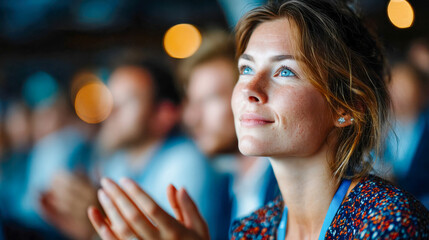 Young woman with blue eyes and freckles smiling and applauding during a corporate event or conference