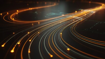 Futuristic flowing data streams with glowing orange light trails representing high-speed digital connectivity and information transfer