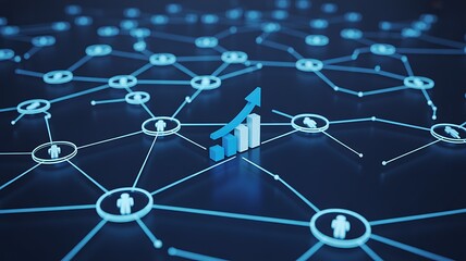 Digital network with connected user nodes and rising analytics chart symbolizing growth, data insights, and online community expansion
