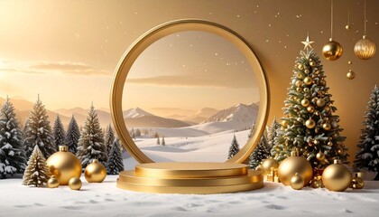 Christmas backgrounds with gold podium stage platform in minimal New year event theme. Merry Christmas scene for product display mock up banner pastel