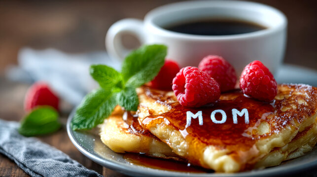 Heart-shaped pancakes topped with raspberries and syrup, decorated with the word MOM, served with coffee for a warm Mother Day breakfast
