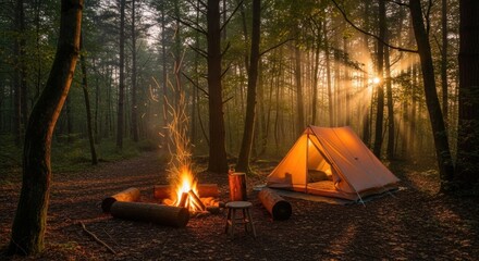 A tent and campfire in a misty forest at sunset.