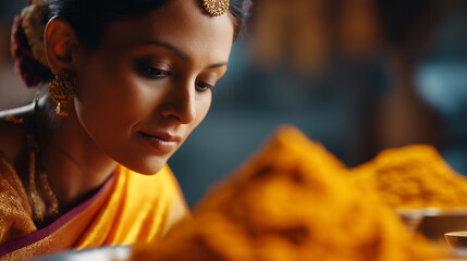 Faceless Indian bride in haldi ceremony defocused traditional celebration background cultural wedding ritual pre marriage tradition turmeric ceremony ethnic celebration