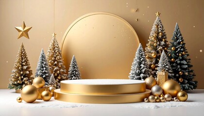 Christmas backgrounds with gold podium stage platform in minimal New year event theme. Merry Christmas scene for product display mock up banner tree