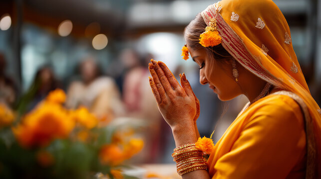 Faceless Indian bride in haldi ceremony defocused traditional celebration background cultural wedding ritual pre marriage tradition turmeric ceremony ethnic celebration