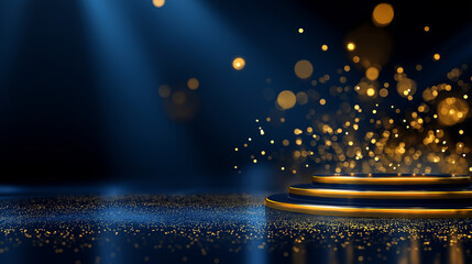 Dark blue stage with golden spotlight lines faceless award ceremony design defocused glitter texture background realistic 3D abstract premium elegant glamour anniversary