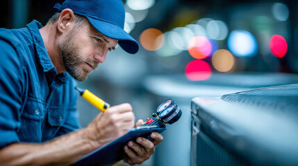 HVAC technician using a handheld tool to check equipment performance with precision