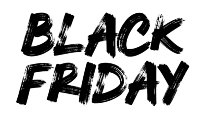 A digitally rendered image displaying the words ' Black Friday ' in a brush - stroke style font against a stark transparent background