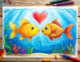 Goldfish Love - A Colorful Underwater Romance Drawing.