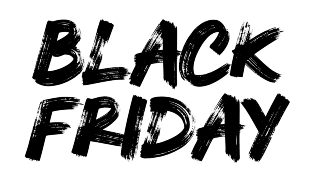 A digitally rendered image displaying the words ' Black Friday ' in a brush - stroke style font against a stark transparent background