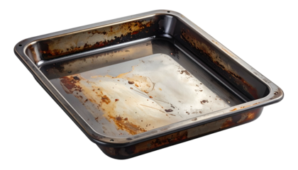 Used baking pan with grease and burnt food residue