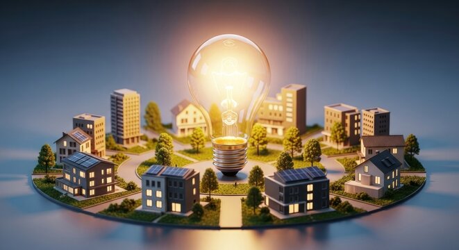 A light bulb emitting a bright light, surrounded by miniature buildings and trees, symbolizing innovation and energy in a cityscape.