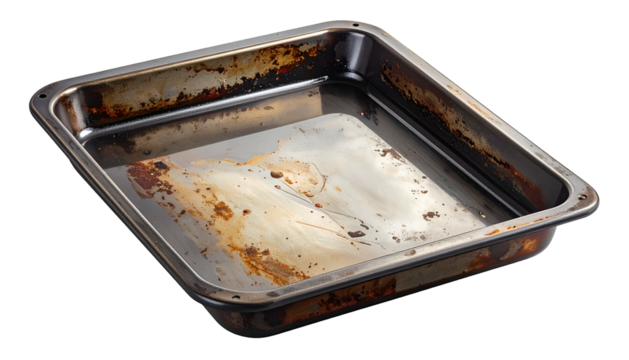 Used baking pan with grease and burnt food residue