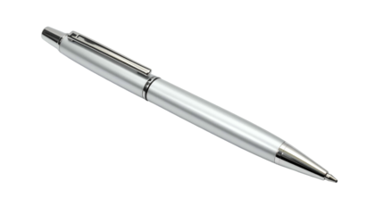 Sleek silver pen angled right, against stark black background