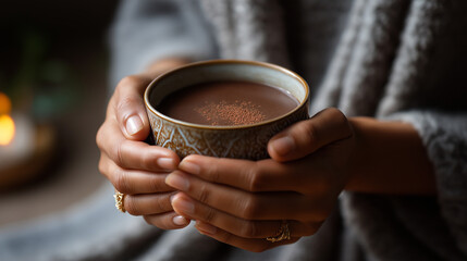 Faceless hands gently holding cup of pure organic ceremonial cacao defocused background alternative medicine concept healthy life visualization healing drink spiritual