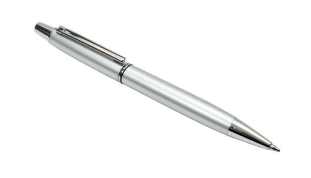 Sleek silver pen angled right, against stark black background