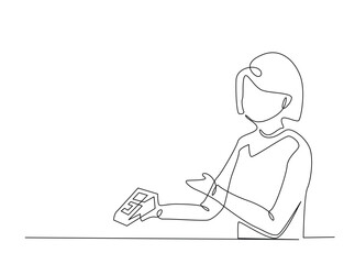 Continuous line art drawing of cashier holding EDC electronic payment device post terminal. Editable stroke.