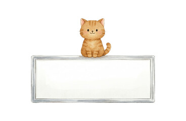 Brown cat and whiteboard in watercolor style.