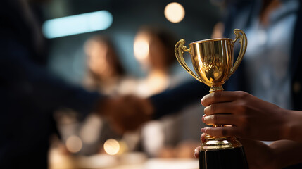 Faceless trophy presentation with business people defocused award ceremony background success handshake thank you prize winner promotion achievement employees at conference
