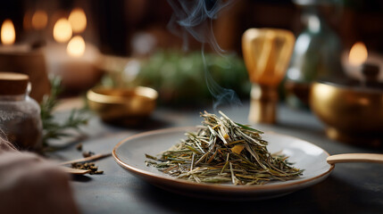 Dried tea leaves in heap on plate with chasen faceless tea ceremony preparation defocused traditional background ceremonial equipment authentic ritual Japanese tea practice