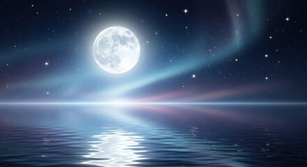 A serene night sky with a full moon and aurora borealis, reflecting on a calm body of water.