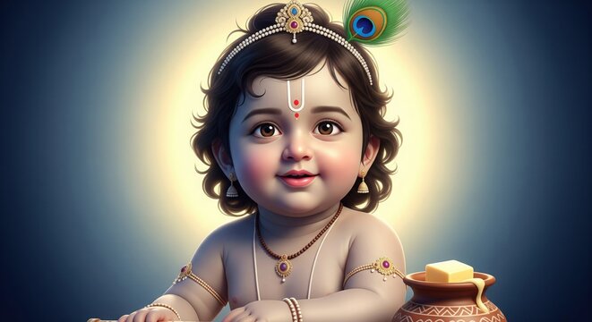 Baby Krishna 3D Render. Cute Baal Gopal Portrait Soft Divine Glow.