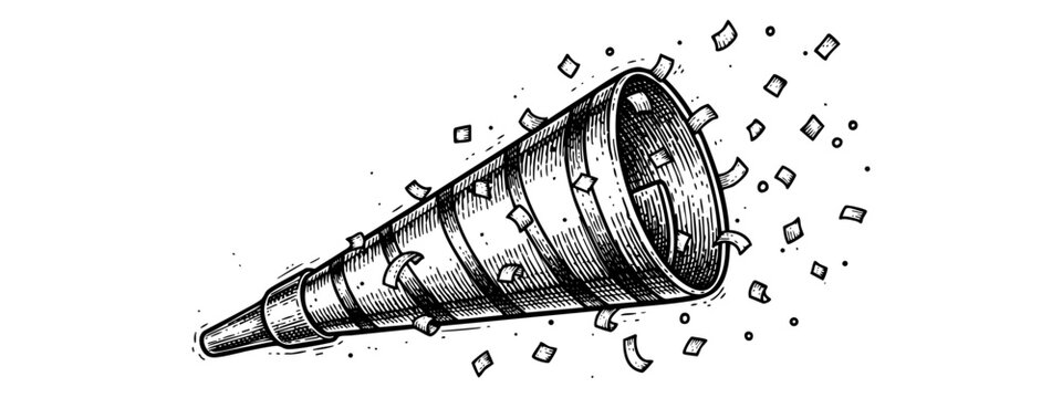 Hand-drawn black and white illustration of a party horn blowing confetti &mdash; stock illustration.