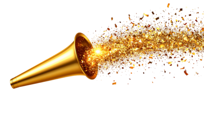 A golden party horn blowing out a stream of sparkling, golden confetti against a clean white background.