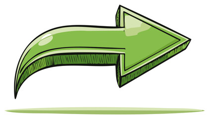 Glossy green arrow pointing right with a curved tail in a vibrant hand drawn style