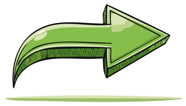 Glossy green arrow pointing right with a curved tail in a vibrant hand drawn style