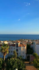 Obraz premium Malaga, Spain - August 15, 2022: Scenic view of Mediterranean coast in southern Spain with white buildings and palm trees under clear blue sky