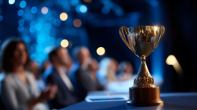 Faceless award ceremony with people on stage heavily defocused blurry event background recognition celebration achievement moment corporate gathering success acknowledgment