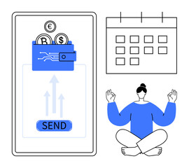 Mobile wallet transferring cryptocurrency, calendar emphasizing planning, and meditation suggesting balance. Ideal for finance, digital transactions, productivity, self-care, mindfulness, crypto